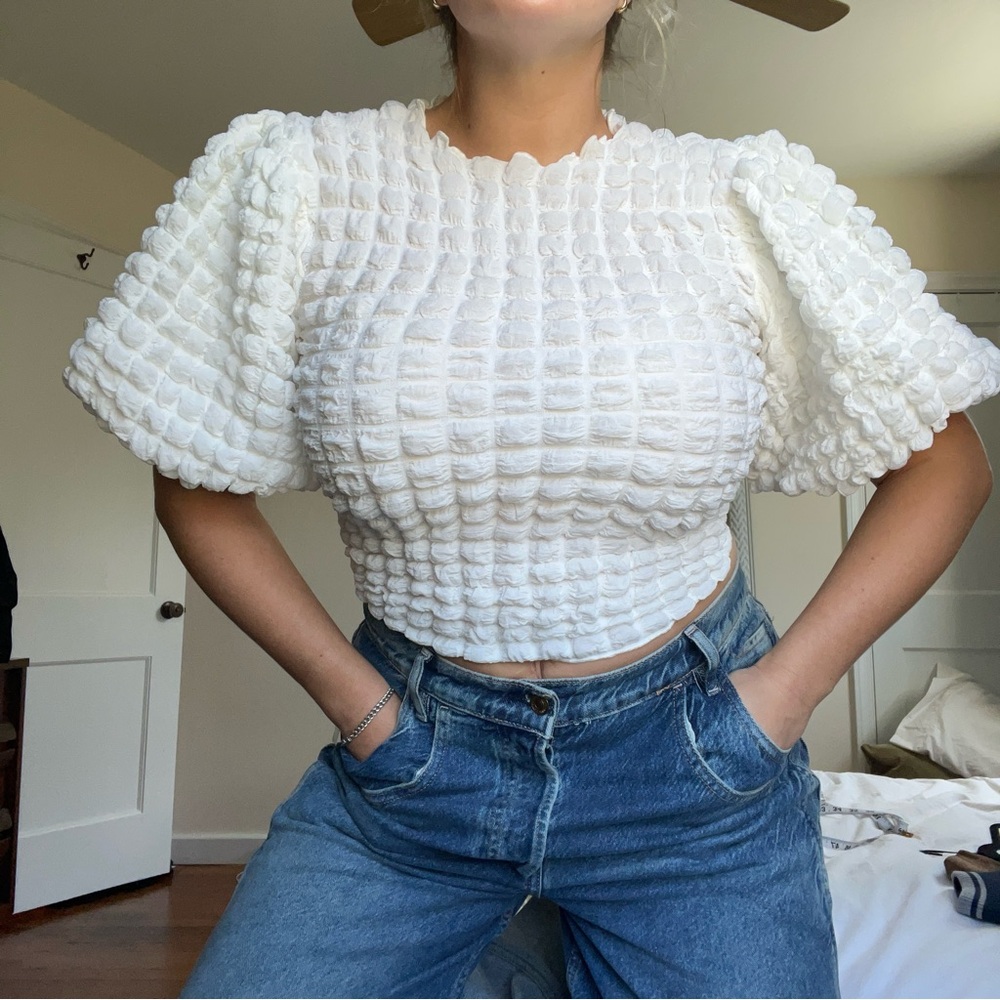 Anthropologie Erin + Ali Textured Puff Sleeve Popcorn Top